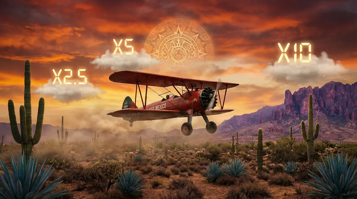 Juego Aviator con avión volando sobre paisaje mexicano