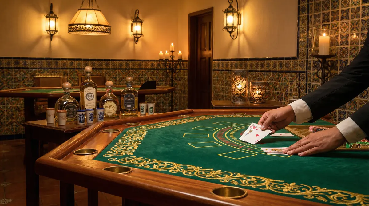 Mesa de blackjack elegante con cartas y fichas de casino